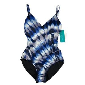 Extra Large Aqua Green Strap Tail Blue White V-Back One Piece Swimsuit Swimwear